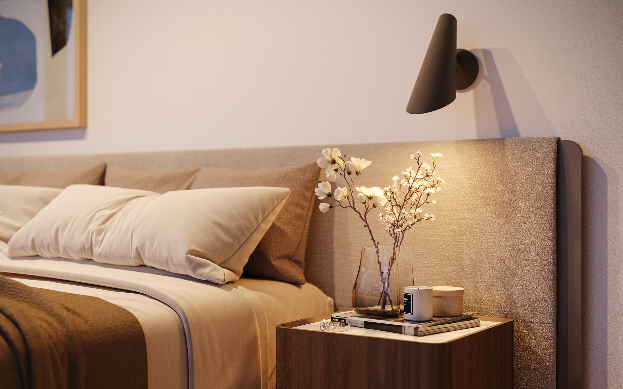 quarto confortável, candeeiros para quarto, quartos escandinavos, têxteis para o quarto, almofadas, mantas, espelhos, tapetes, quadros