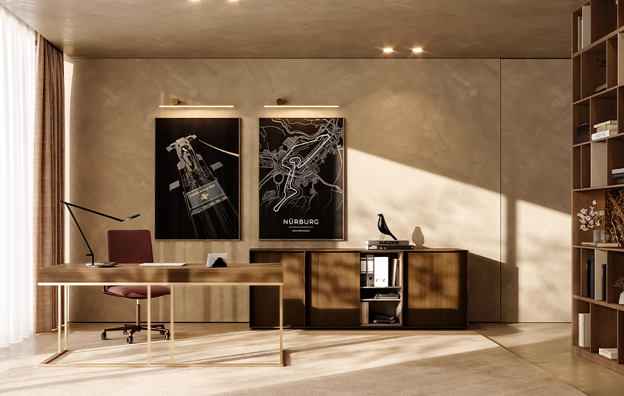 Escritório doméstico com secretária Bellot, cadeira Kinesit e aparador Boxx, num ambiente de design de interiores.