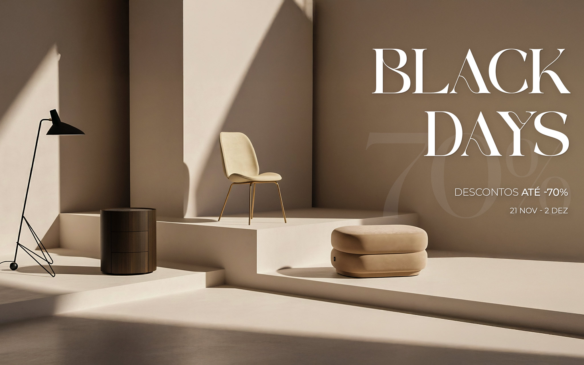 Tralhão Black Days, descontos mobiliário, peças de design, salas modernas, hall de entrada, sala de estar, sala de jantar, quarto, decoração contemporânea e mobiliário em promoção.