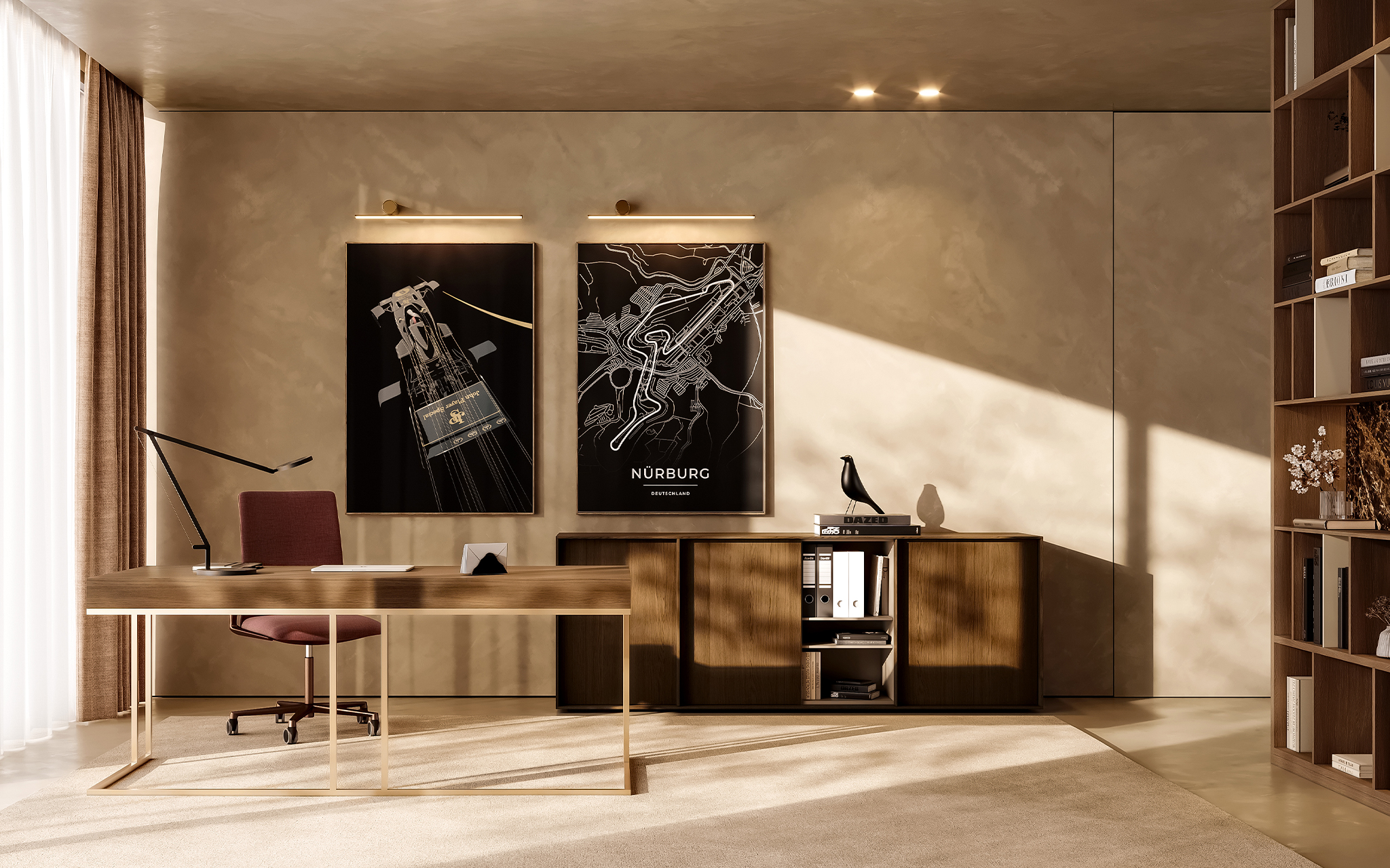Escritório doméstico com secretária Bellot, cadeira Kinesit e aparador Boxx, num ambiente de design de interiores.